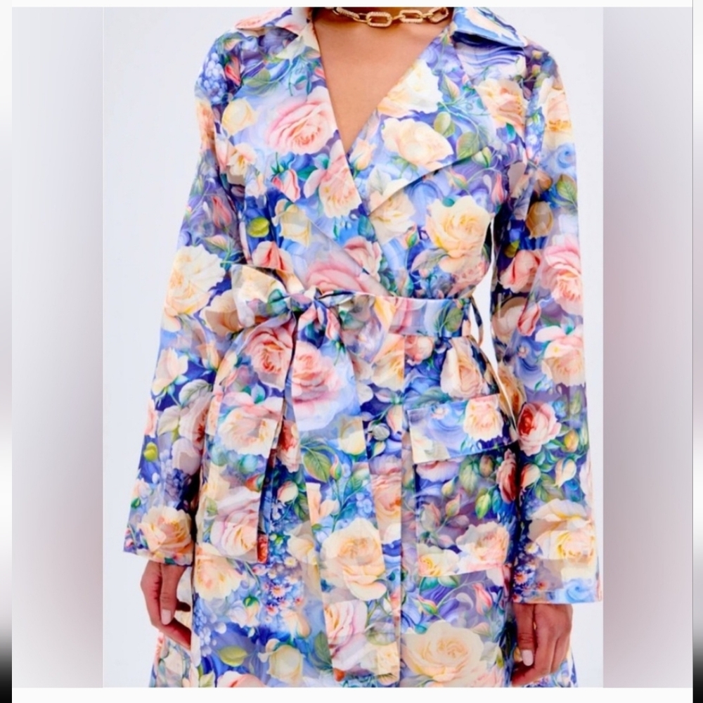 AKIRA Multicolor Sheer Floral Trench Coat